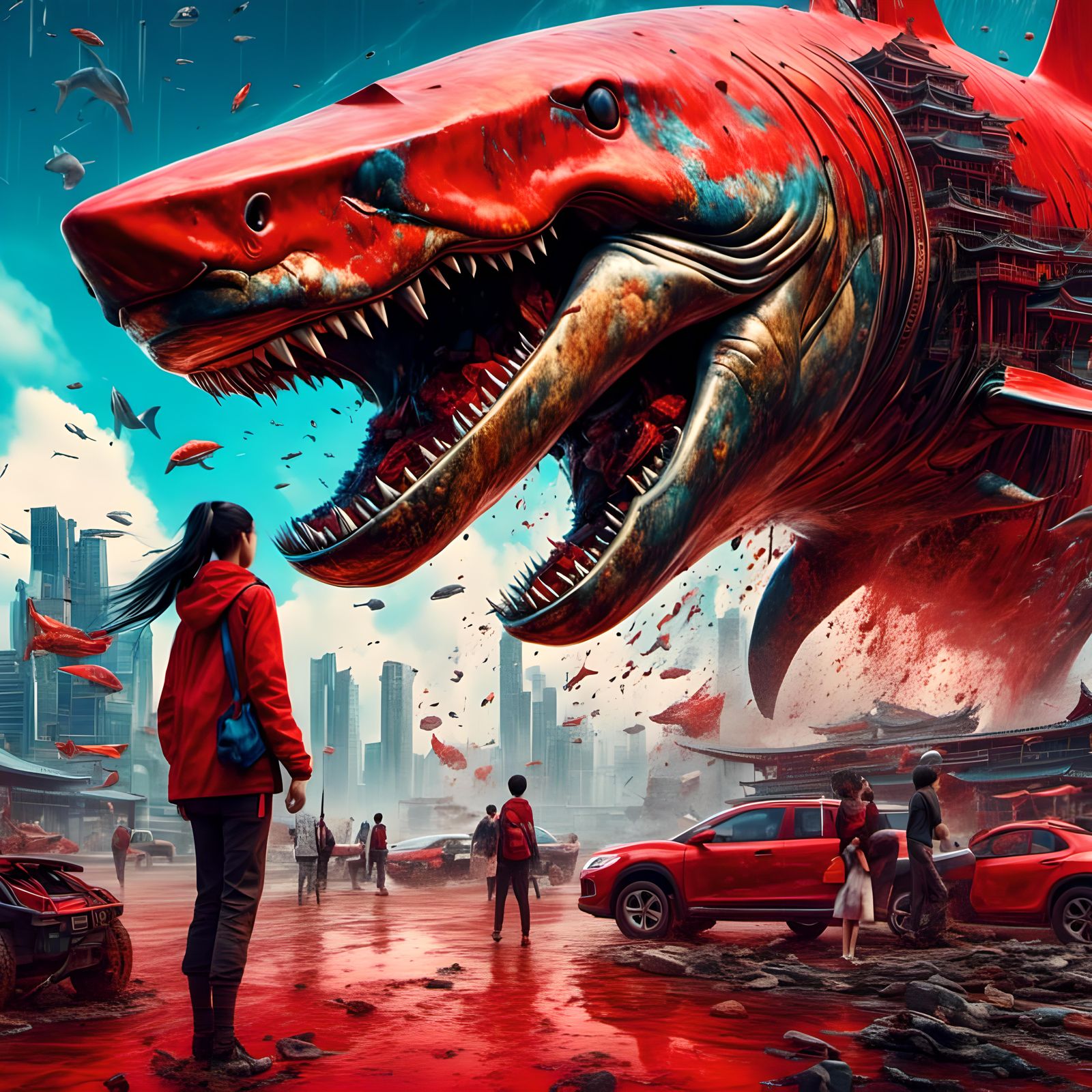 Sandstorm Ninja Businesswoman with Megalodon in Opalescent R...