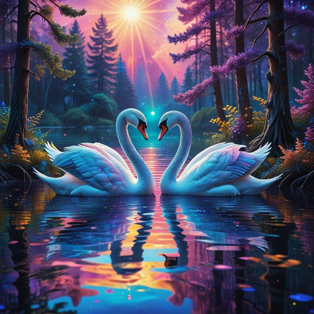 Surreal Lakeside Scene in Vibrant, Shimmering Colors