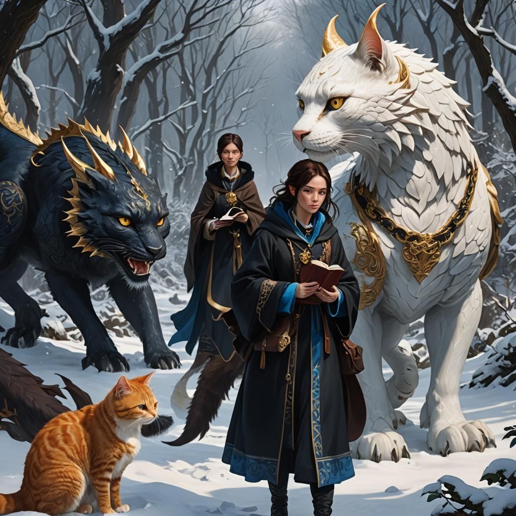 Girl, Cats, and Dragon in Snowy Forest
