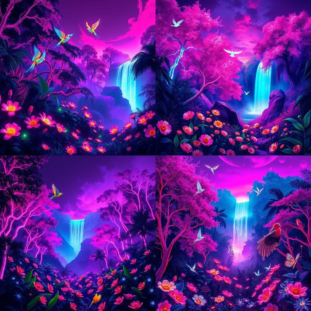 Vibrant Neon Jungle at Twilight in Surreal Graffiti Style