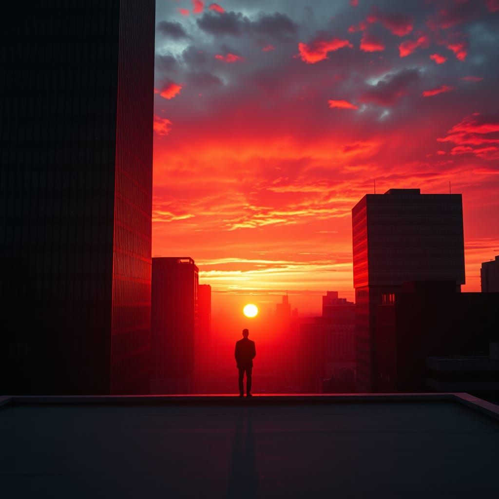 Urban Rooftop Sunset with Dramatic Red Sky