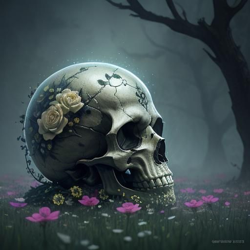 Dew-Kissed Skull Surrounded by Flowers: Digital Matte Painti...