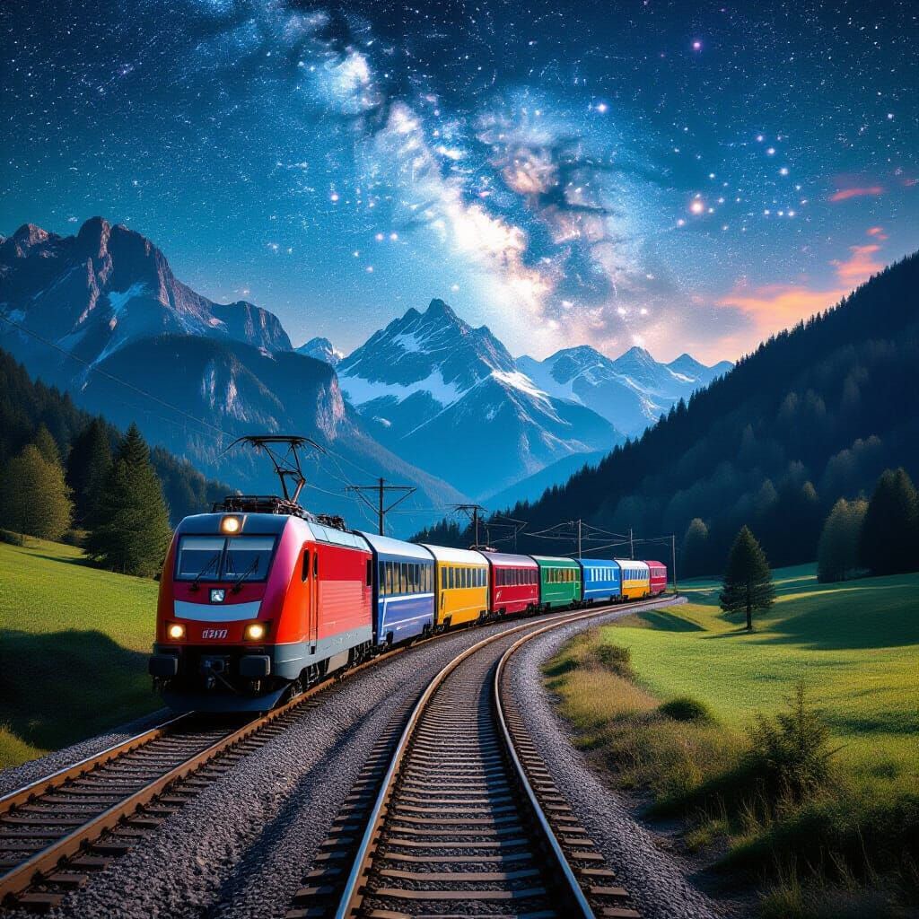 Magic Train in Surreal Austrian Alps Landscape