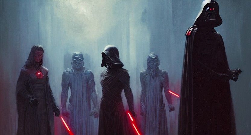 Sith Warriors in Retrofuturistic Galactic Scene
