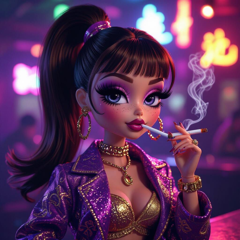 Bratz Doll Smokes Cigarette in Vibrant Japanese Club
