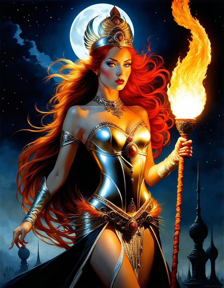 Art Nouveau Flame Dancer in Fiery Moonlight