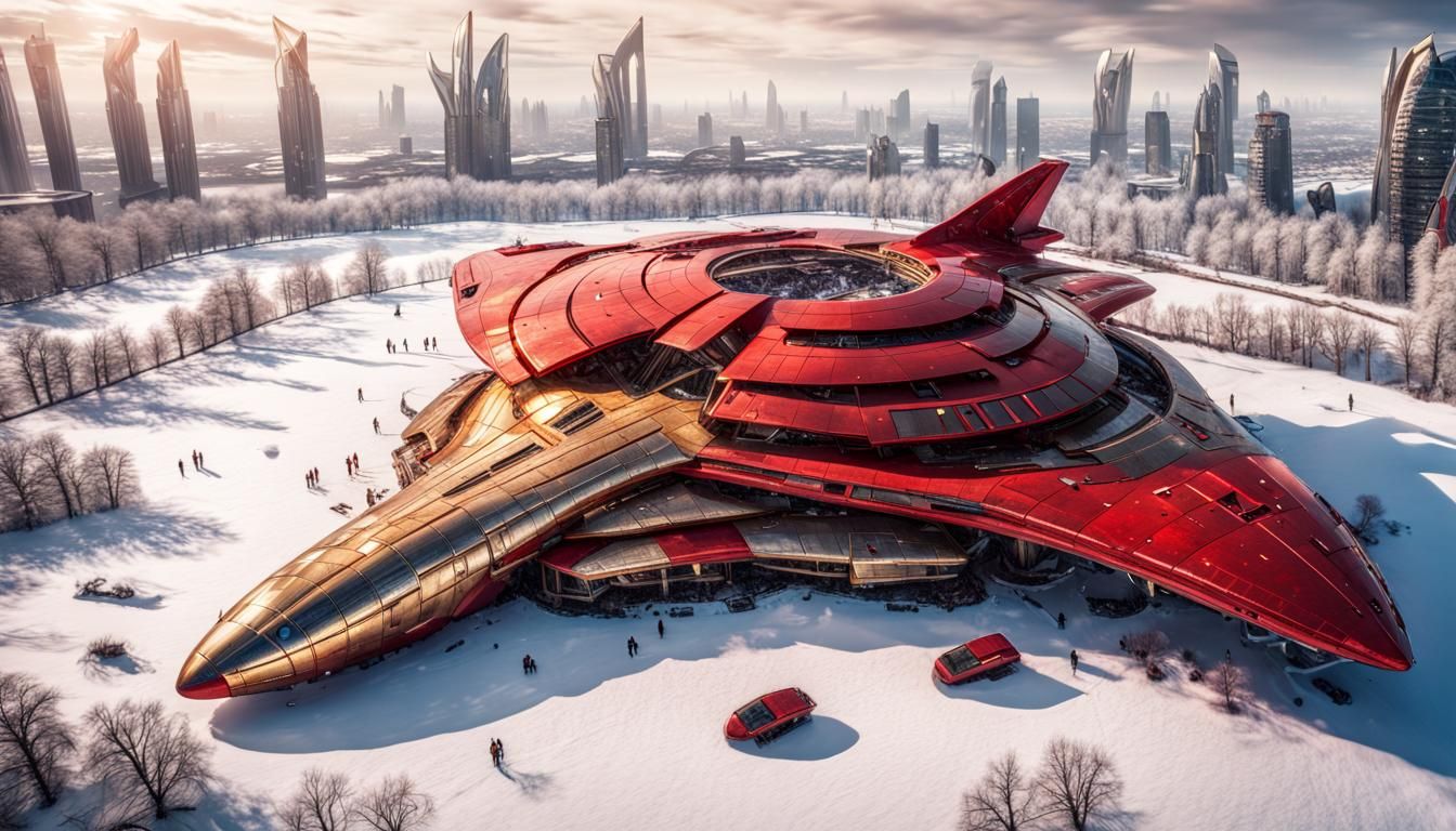 Crashed Starship City in Winter Meadow: Hyperrealistic Fanta...