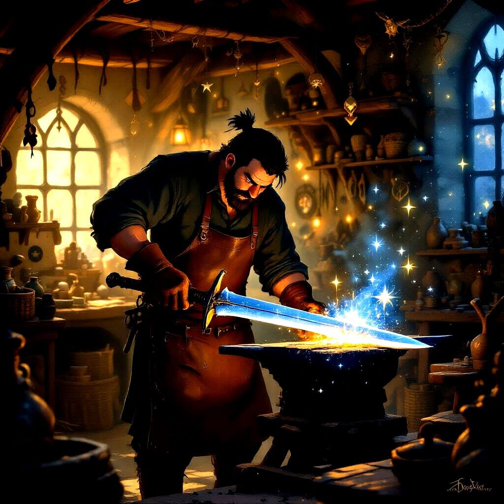 Blacksmith Forging Starlight Sword in Cozy Workshop
