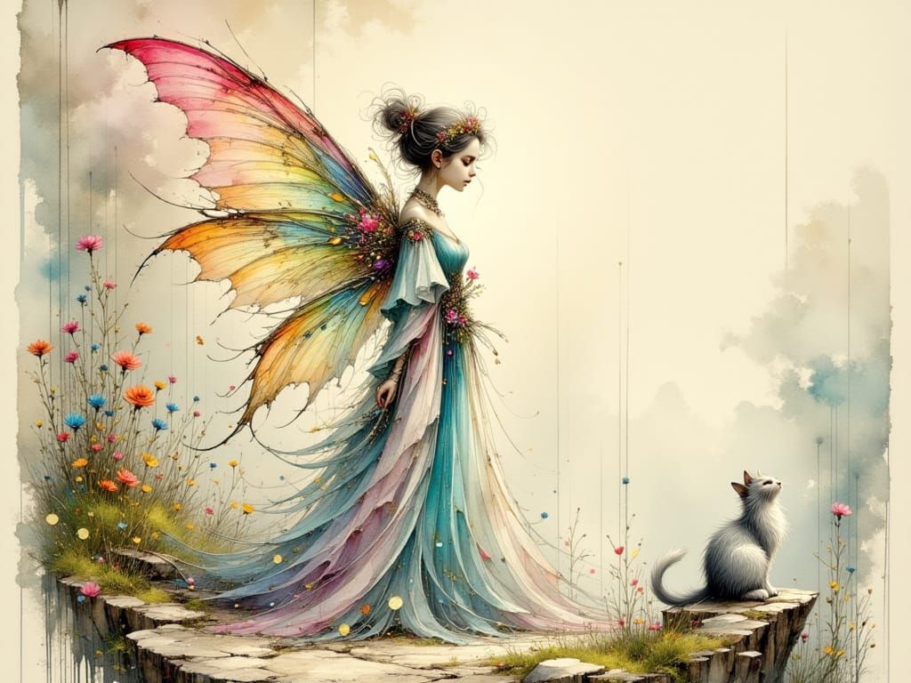 Ethereal Fairy with Cat in Whimsical Style