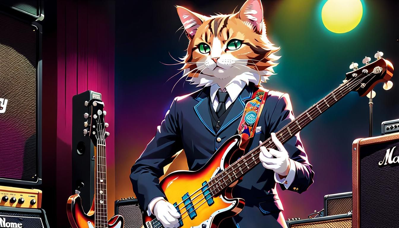 Majestic fluffy cat practicing bass guitar at a music studio
