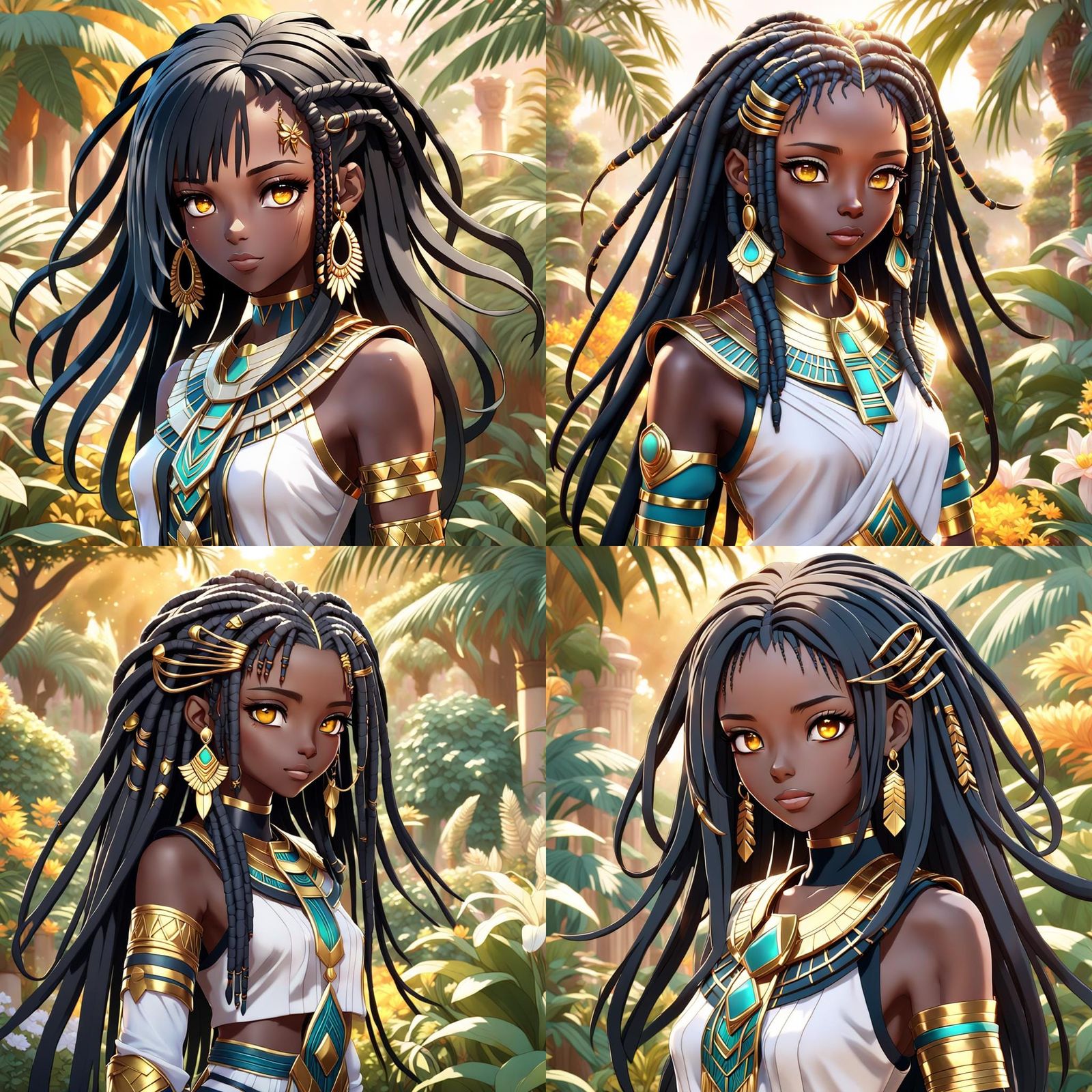 Egyptian Goddess in a Vibrant Garden Scene, Anime Style