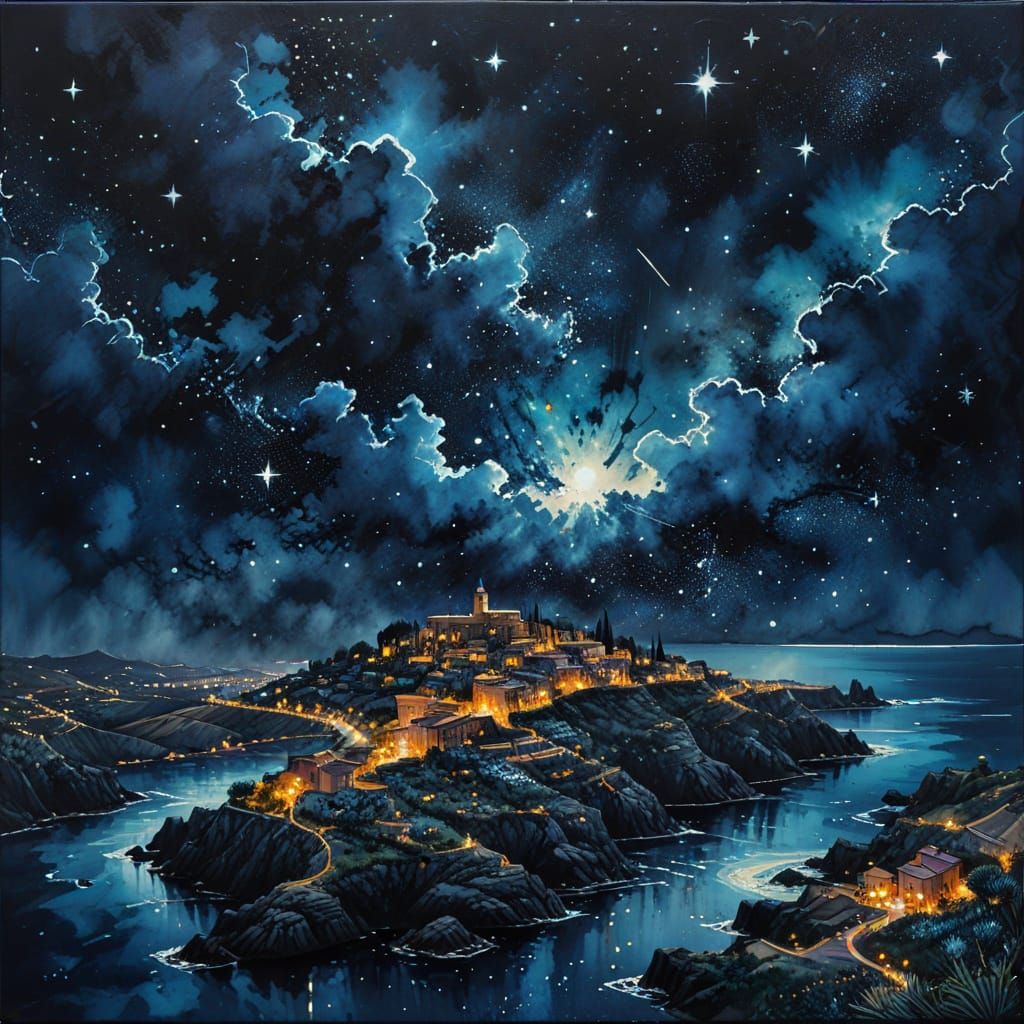 Mediterranean Night Sky Ink and Gouache Painting