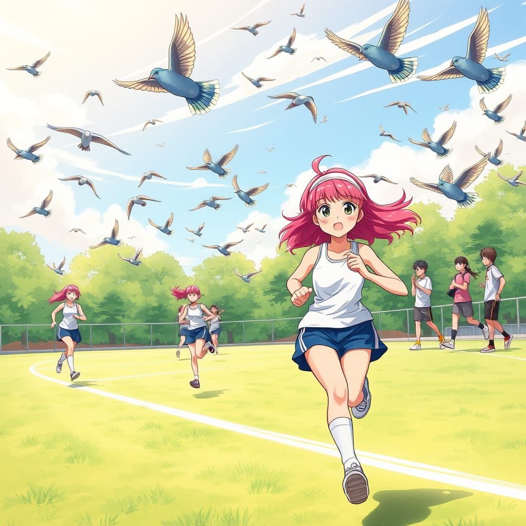 Vibrant Pink Haired Anime Girl Runs with Determined Schoolgi...