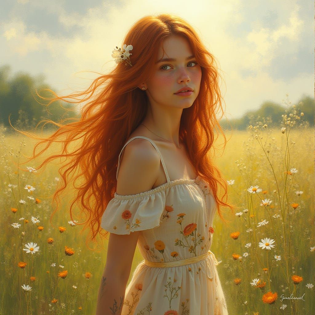 Serene Maiden in Sunlit Meadow