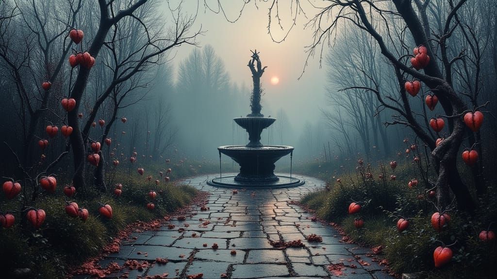 Dark Fantasy Garden of Bleeding Hearts at Twilight