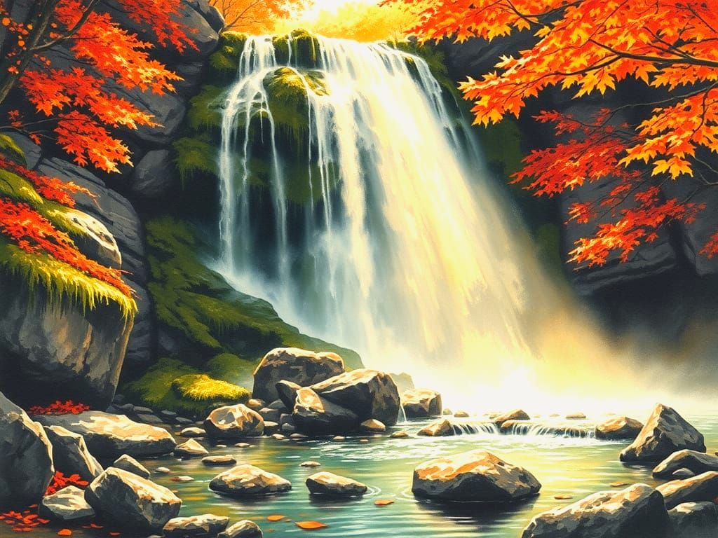 Majestic Waterfall in Autumn Splendor as Ink and Aquarelle