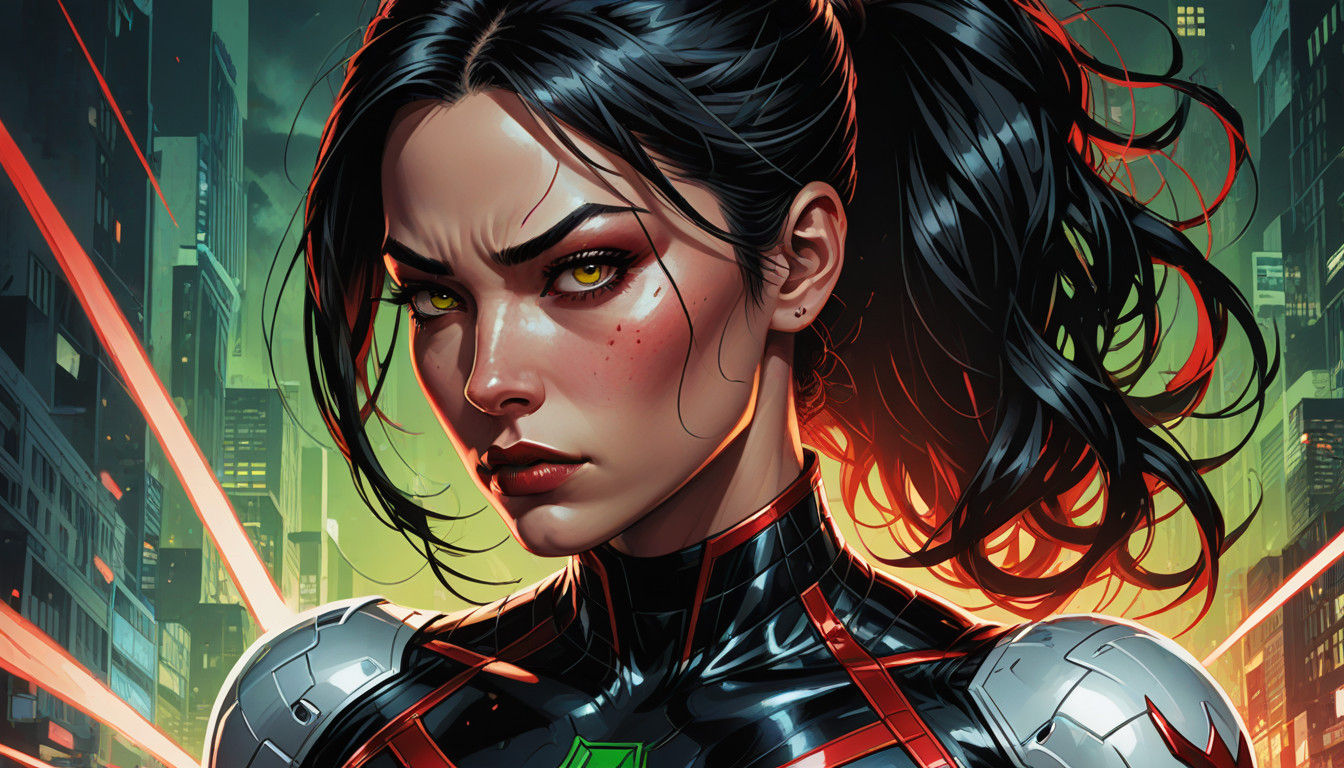Cyberpunk-Inspired Marvel Superheroine in Dramatic Pose
