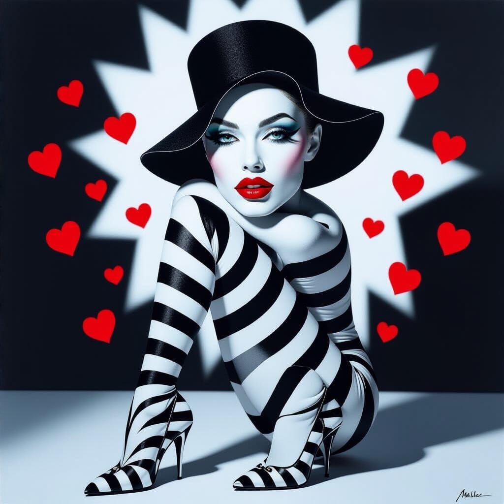 Monochrome Op Art Model with Red Lips and Heart Accents