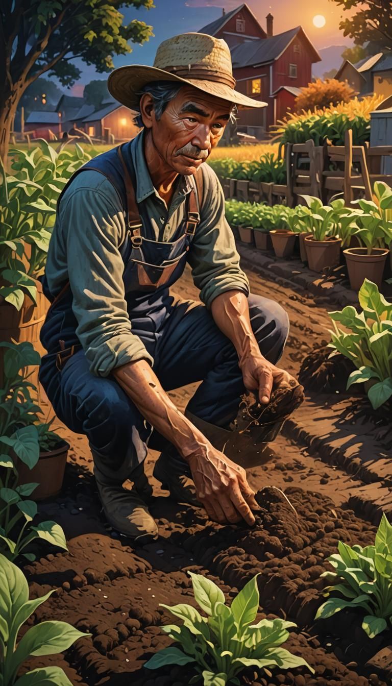 Nighttime Farmer Planting Seeds in Hyperrealistic Style
