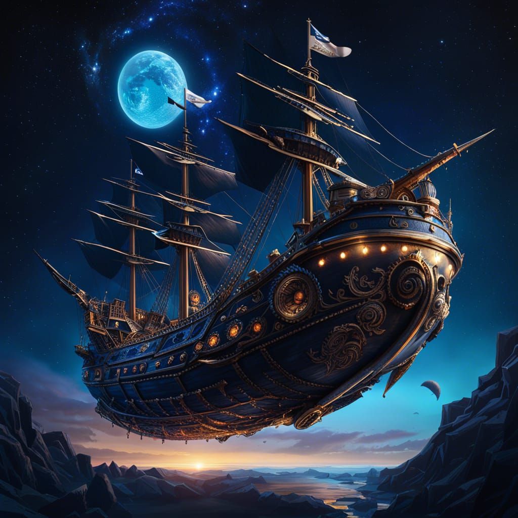 Alien Pirate Ship Soaring Through Gothic Galaxy