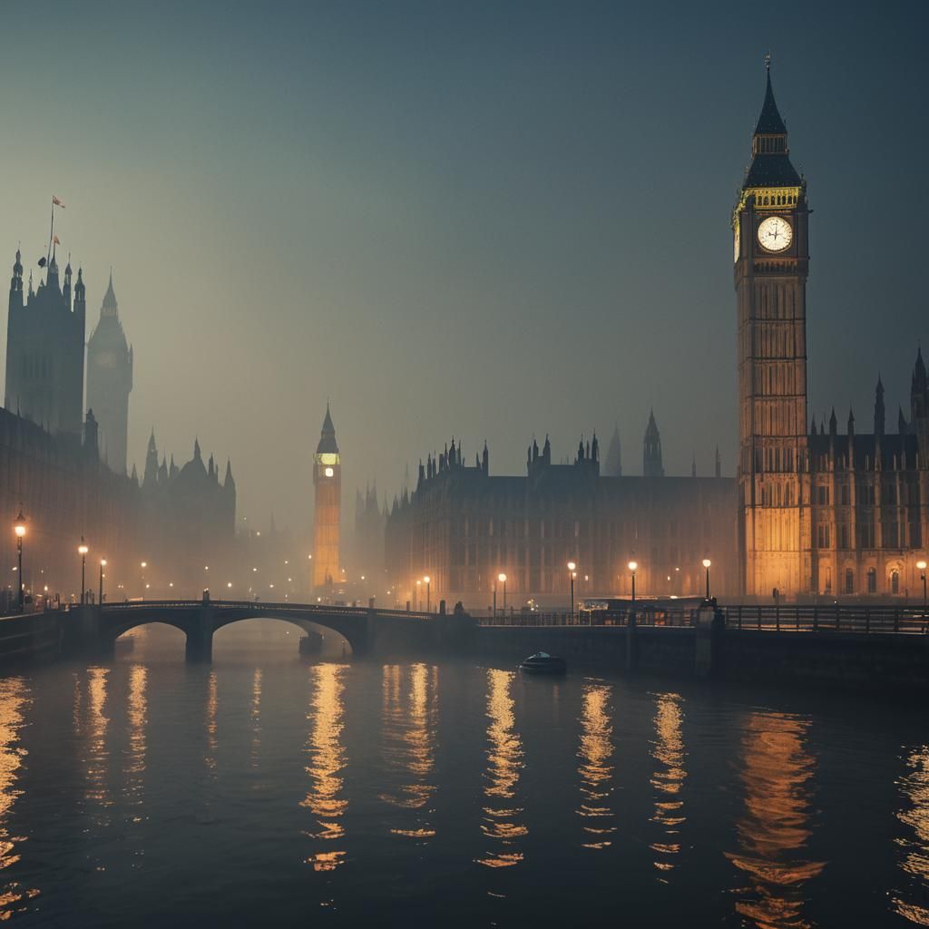 Foggy Thames Quay at Night: Gothic Fantasy Architecture