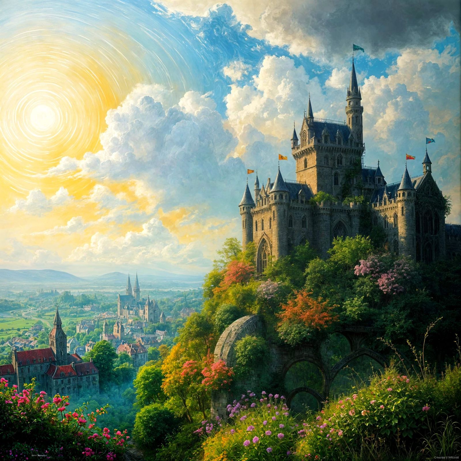 Overgrown Castle City in Neo-Impressionist Style