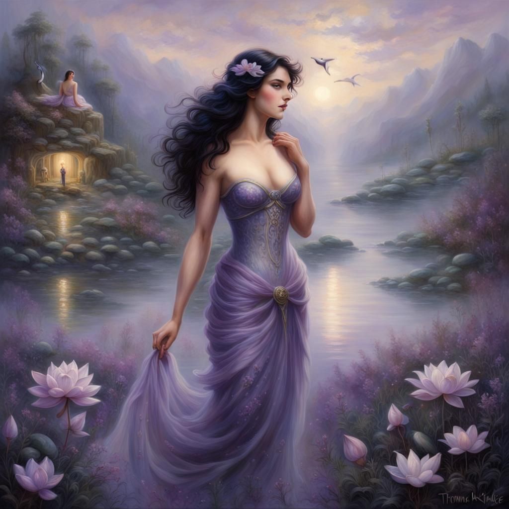 Ethereal Scottish Venus with Orcas, in Kinkade Style