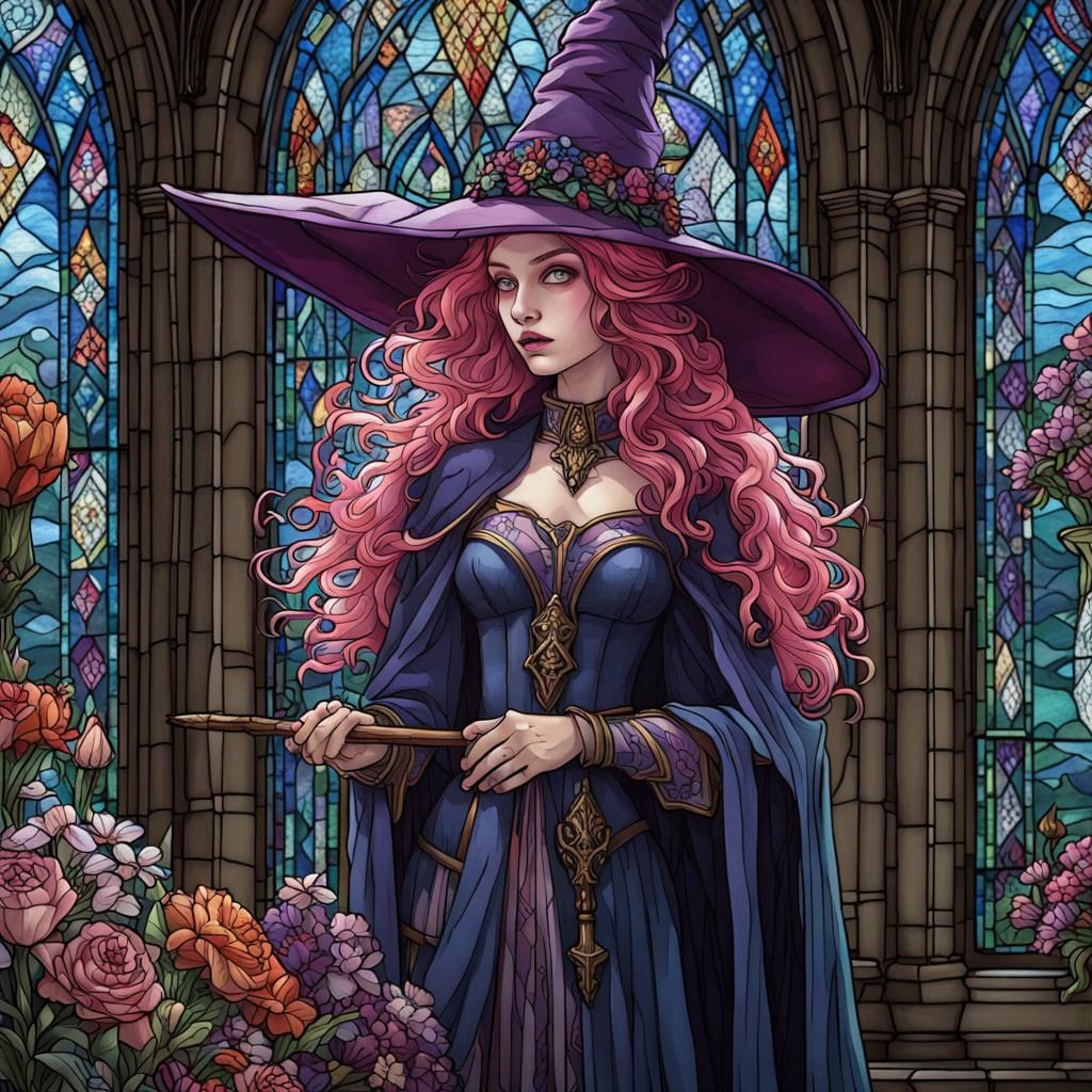 Enchanted Gothic Witch in Stained Glass Library