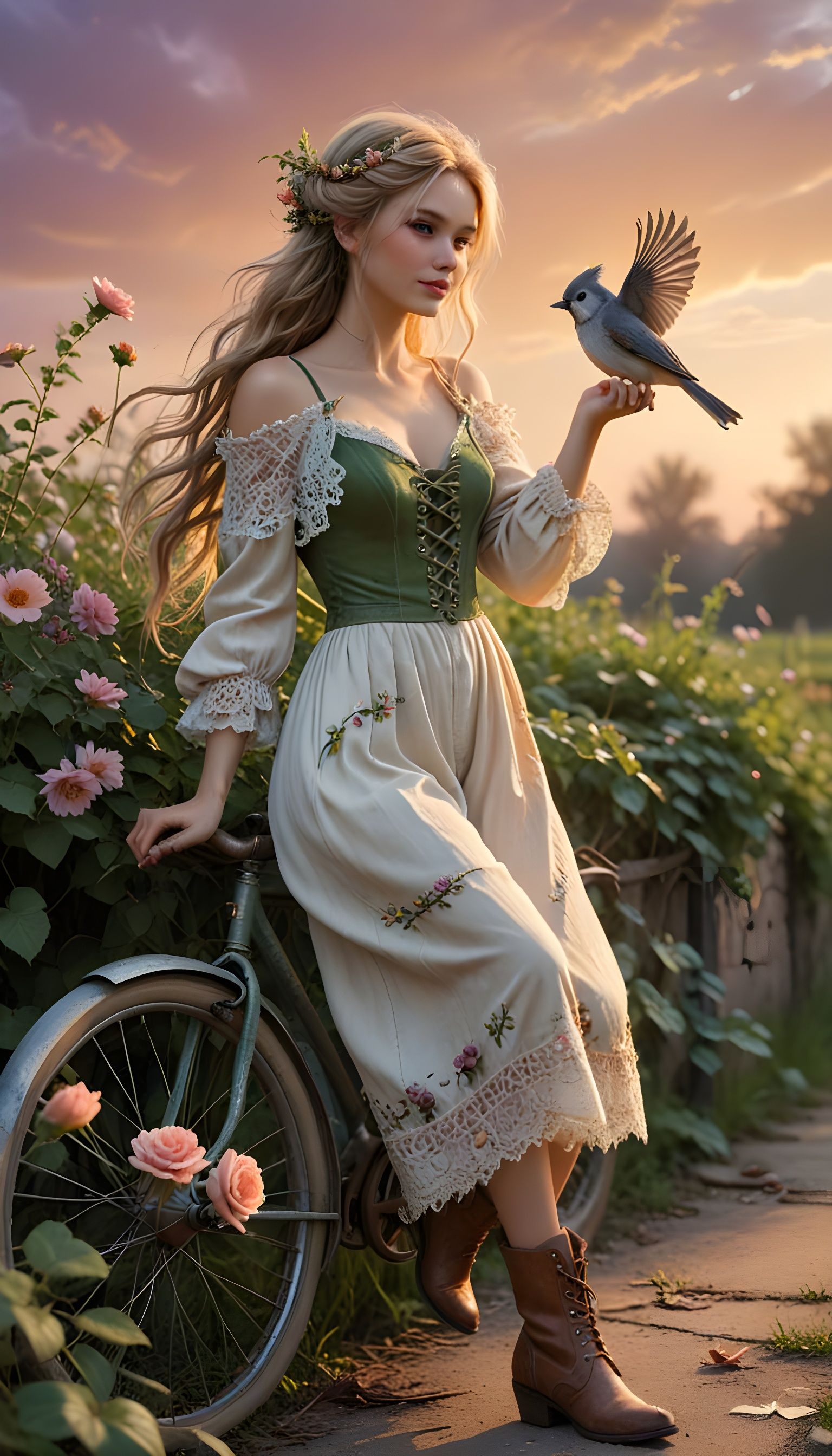 Whimsical Blonde Girl in Velvet Dress and Cowboy Boots