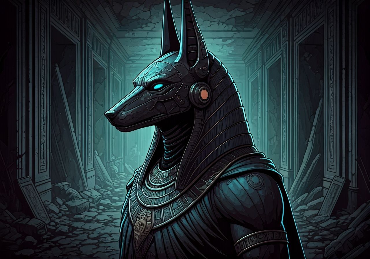 Futuristic Anubis in Ruined Mansion, Graphic Novel Style
