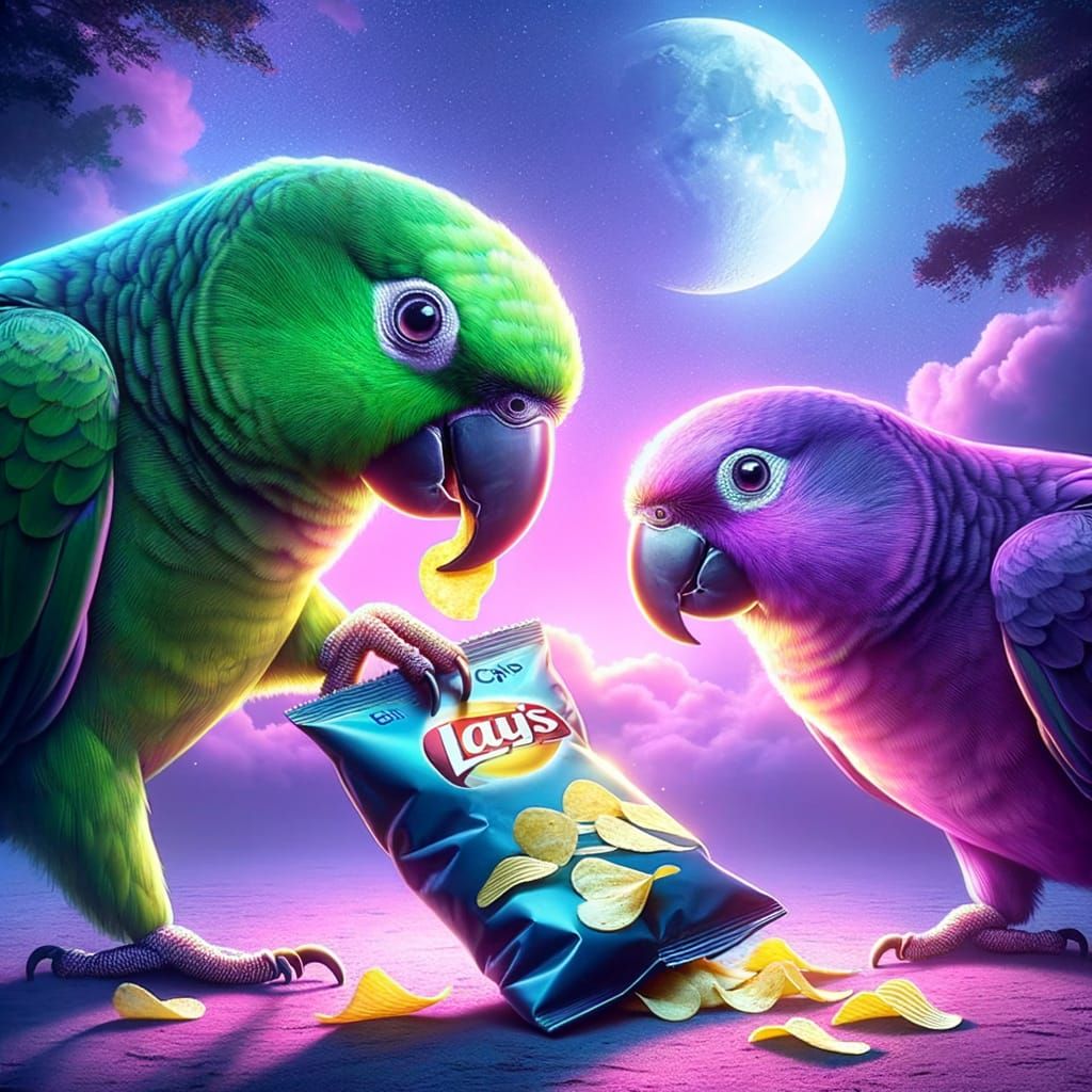 Parrots in Enchanted Nighttime Scene