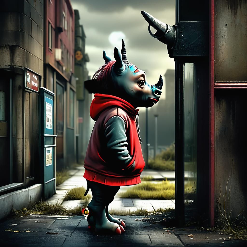 Sinister Rhino in Red Hoodie, Claymation Style