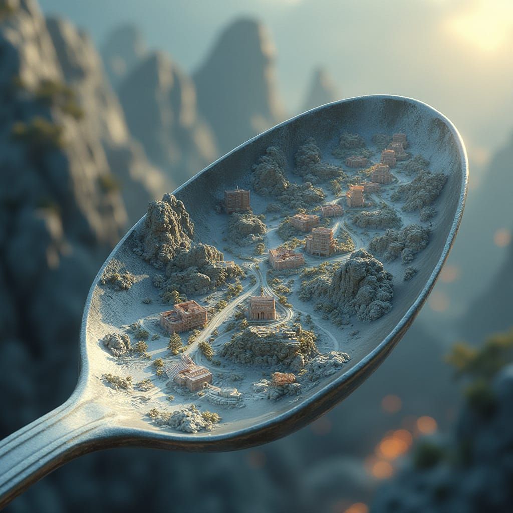 Futuristic City Inside Silver Spoon, Matte Painting