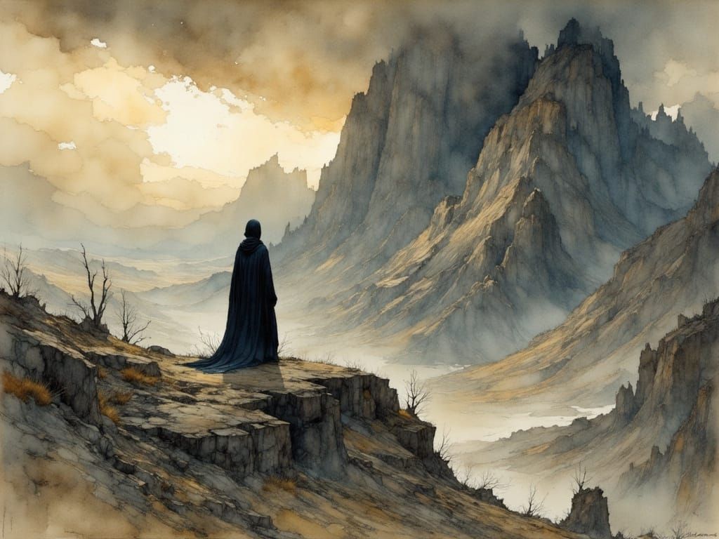 Ominous Figure Overlooks Desolate Landscape