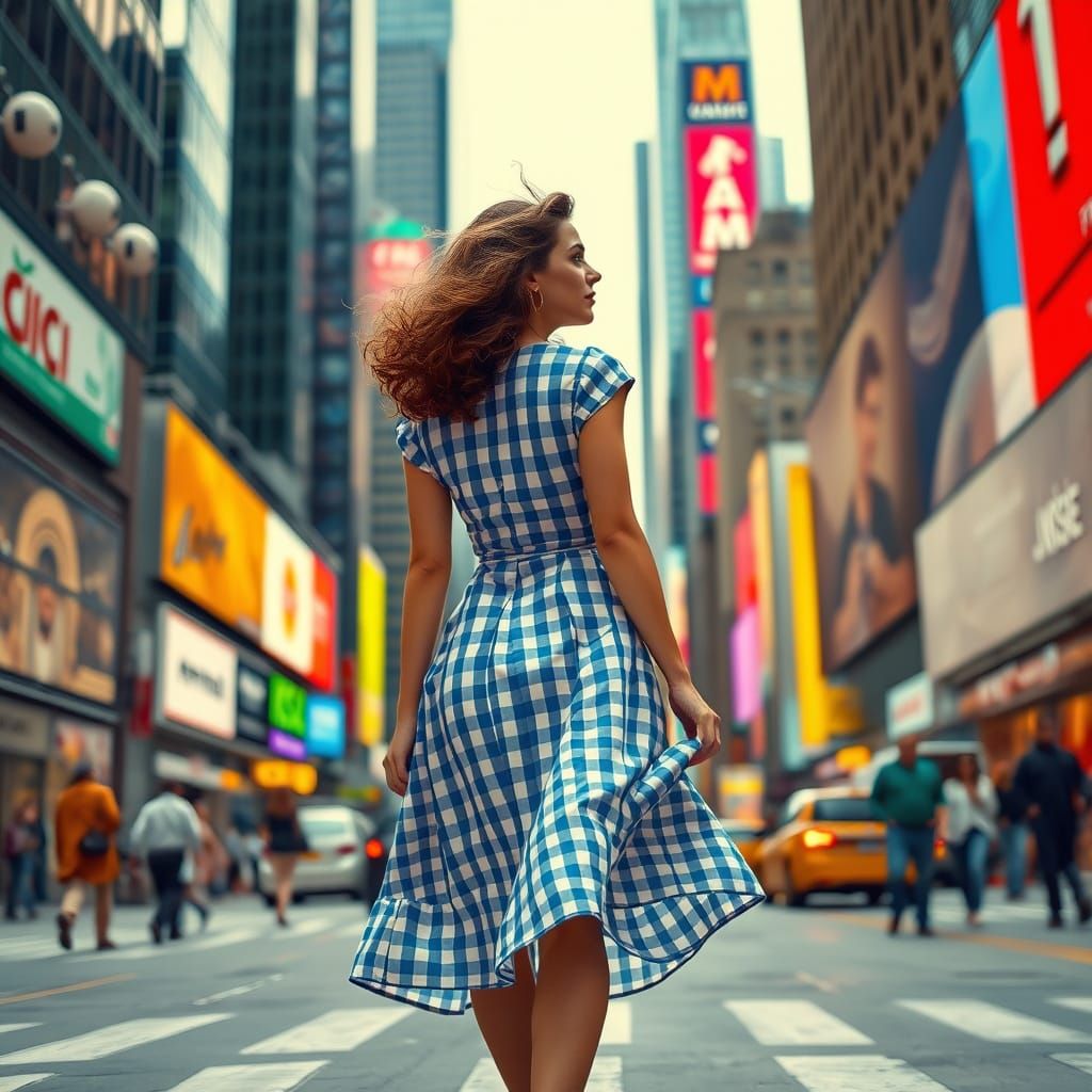 Woman in Gingham Dress Amidst City Skyscrapers
