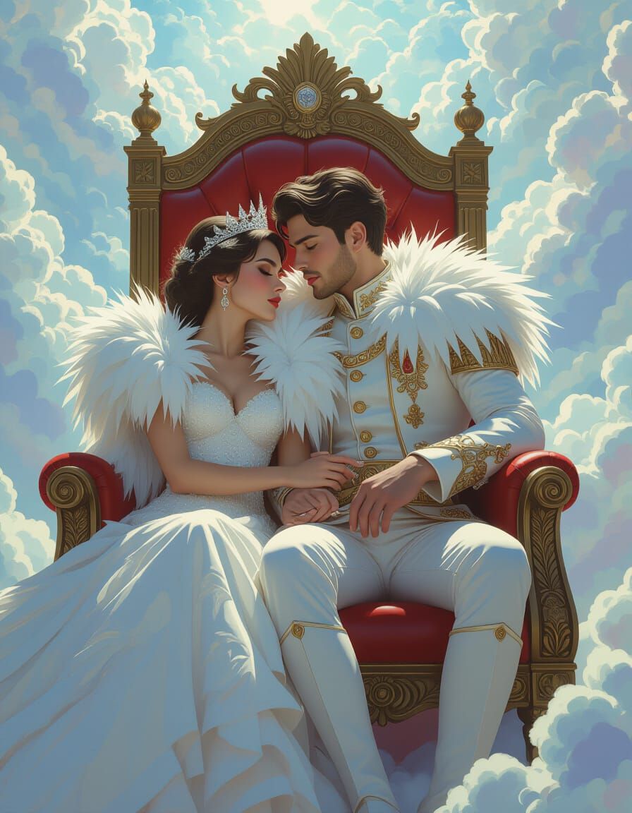 Princess and Prince Embrace on Cloud Throne