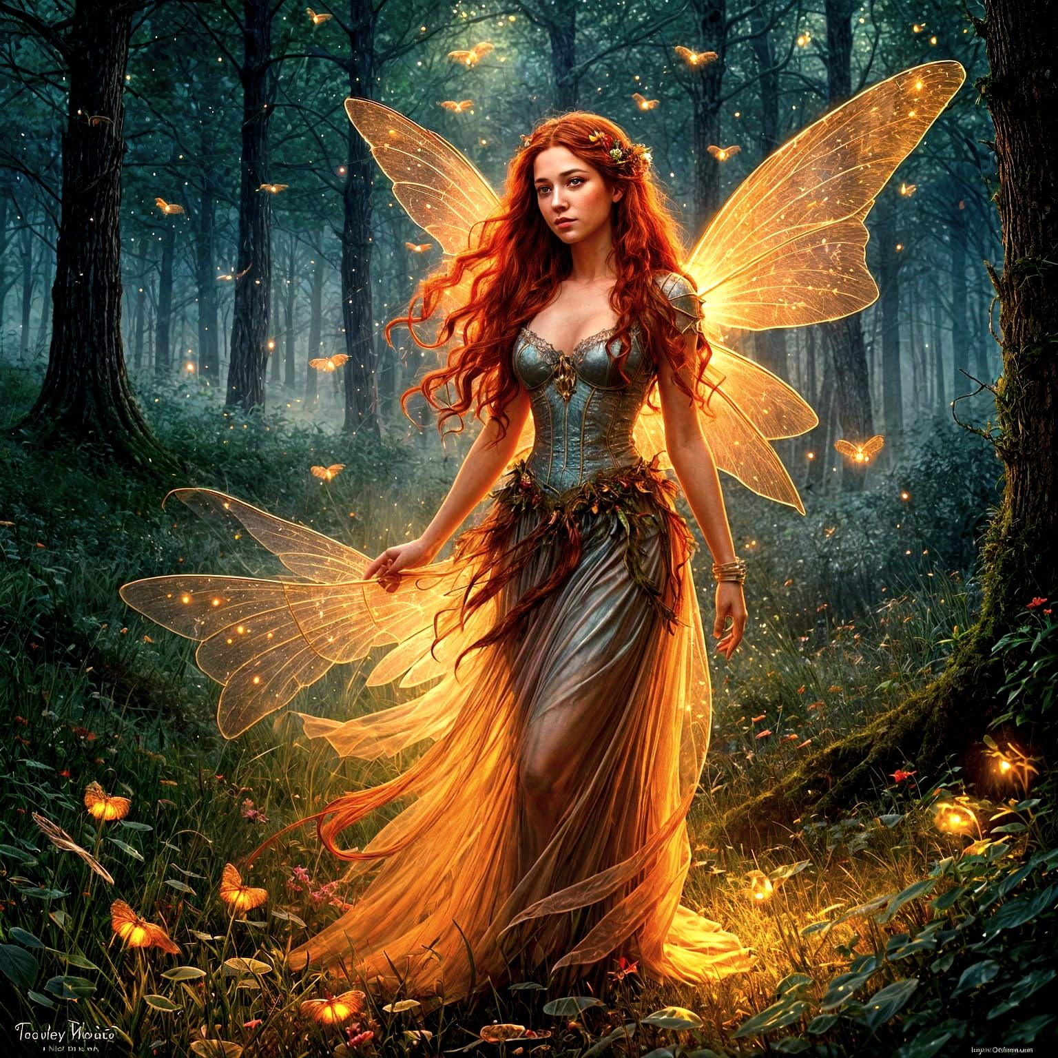 Red Fairy in Fairy Ring with Fireflies