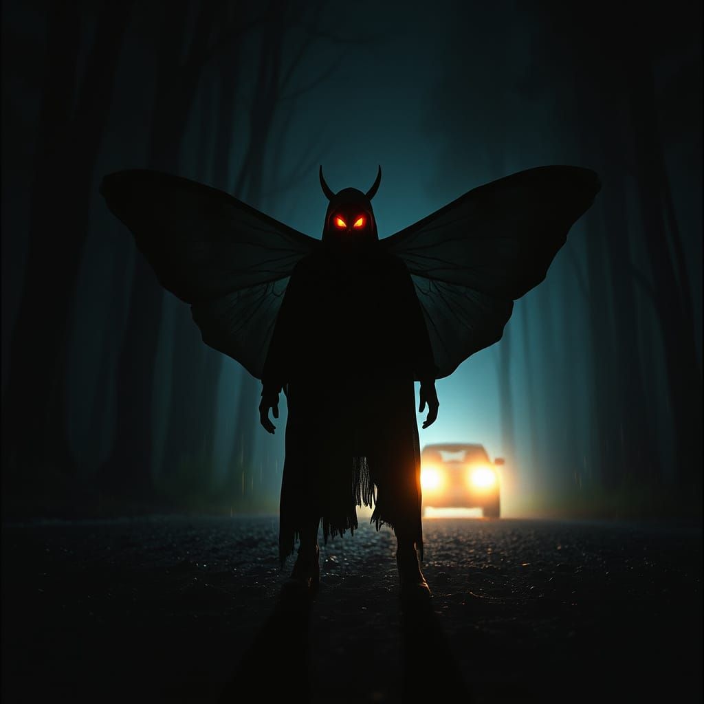 Mothman in Dark Vermont Rainy Night Forest