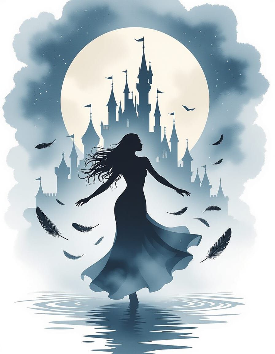 Ethereal Dancer in Moonlight: Minimalist Vector Art