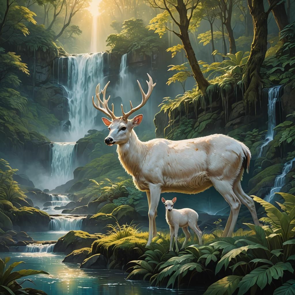 White Deer and Fawn at Waterfall: Oil Painting