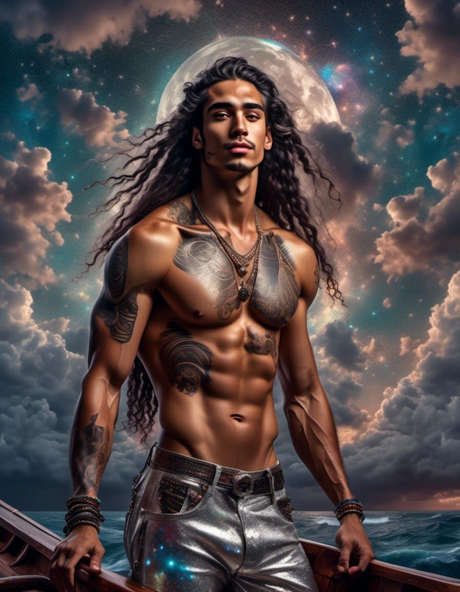 Polynesian Sailor on Ship in Starry Night