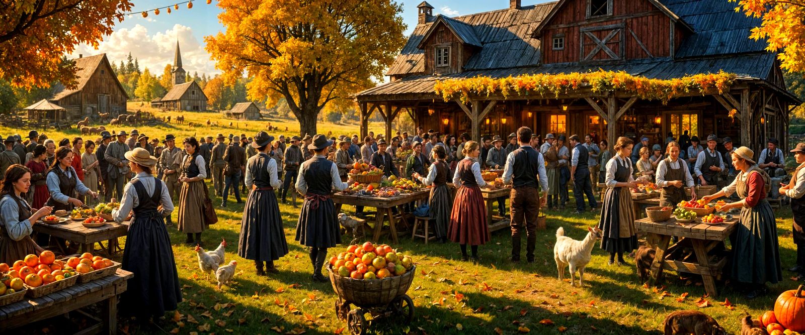 Rustic Autumn Harvest Celebration with Animals and Sunset