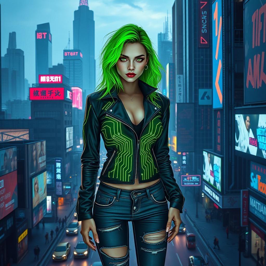 Cyberpunk Woman in Dystopian Cityscape