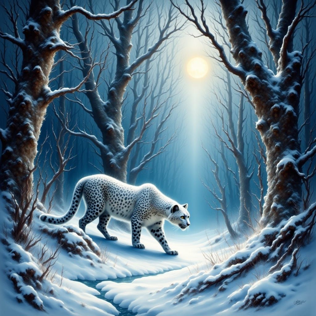 Snow Leopard in Frosty Forest, Epic Fantasy Art