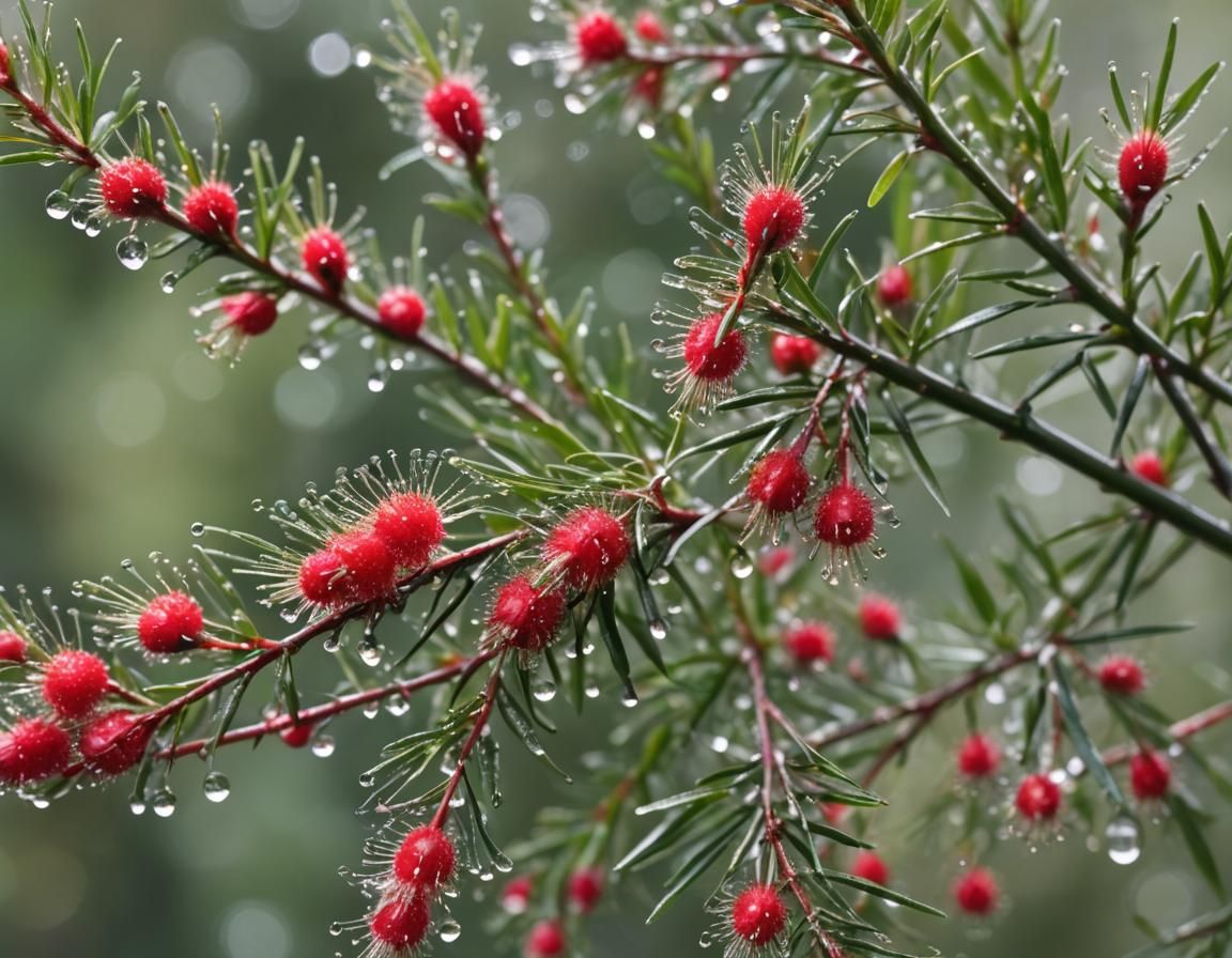 Bottlebrush Flowers with Dew Drops: Macro Photograph