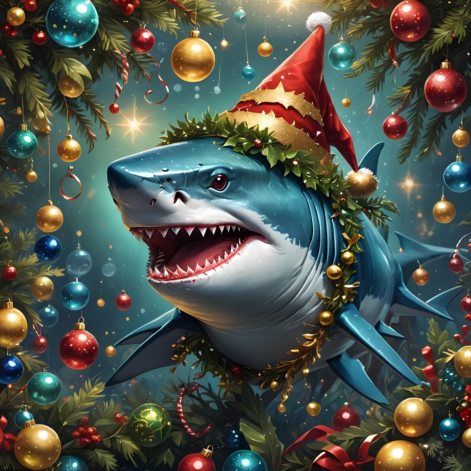 Festive Shark with Christmas Hat, Detailed Digital Art