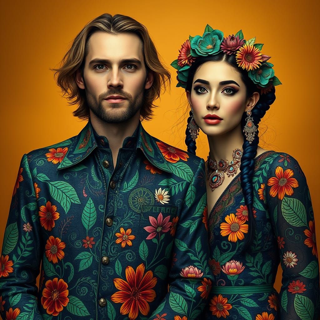 Psychedelic Flower Power Portrait in Art Nouveau Style