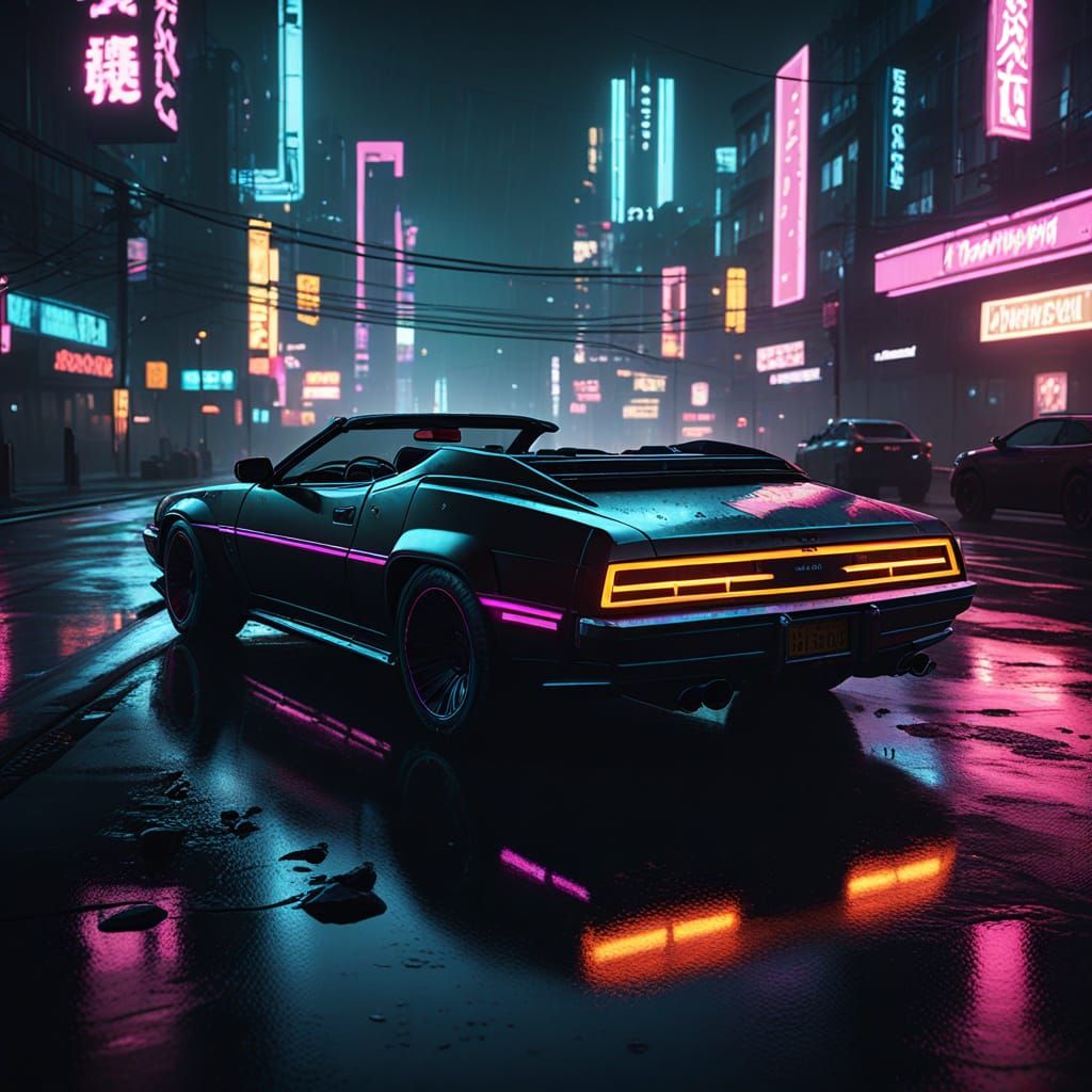 Cyberpunk Convertible Drives Through Neon Cityscape