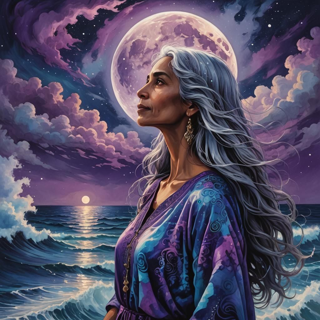Pakistani Woman Gazing at Moon in Cosmic Illustration
