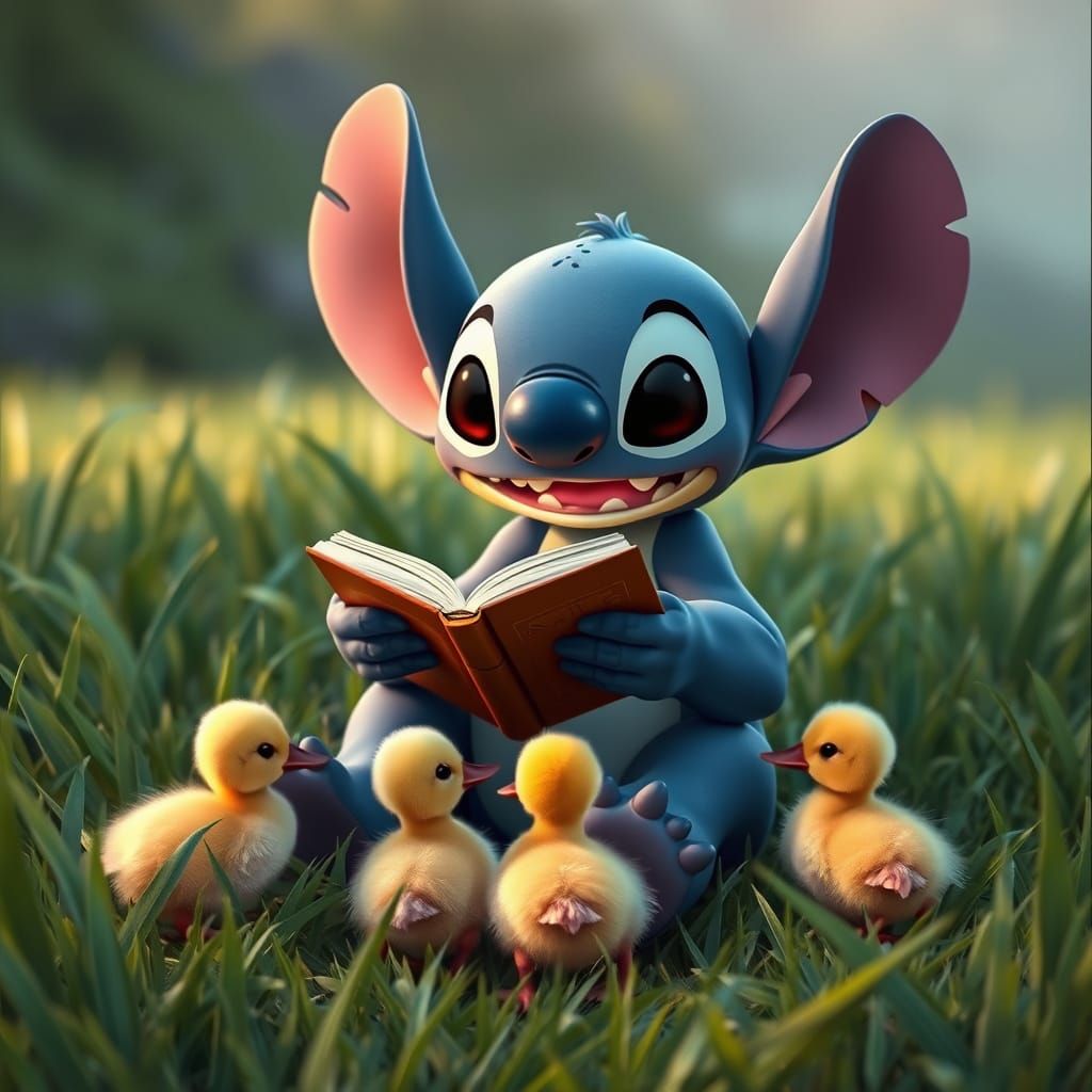 Stitch Reading to Ducklings in Live-Action Style